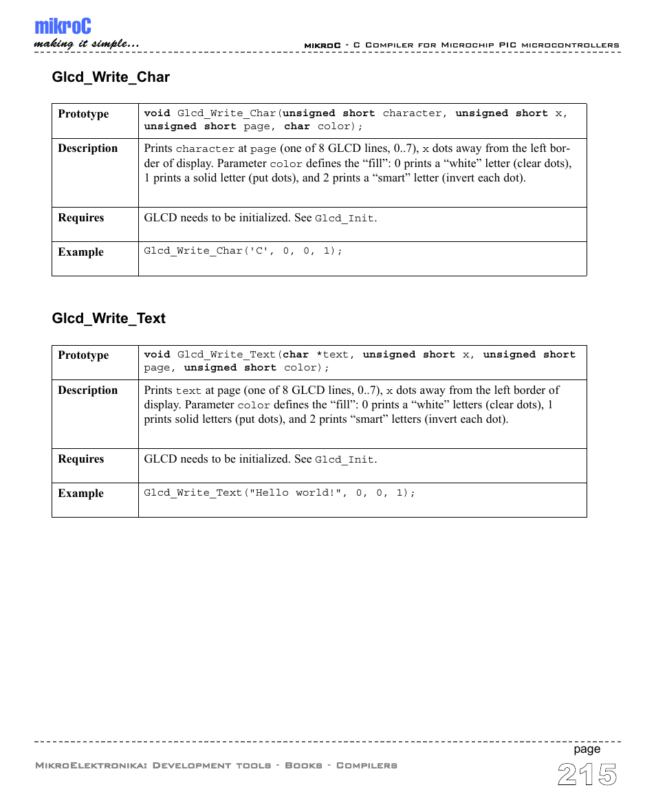 Mikroc, Glcd_write_text, Glcd_write_char | ABL electronic PIC Microcontrollers PIC16 User Manual | Page 223 / 312