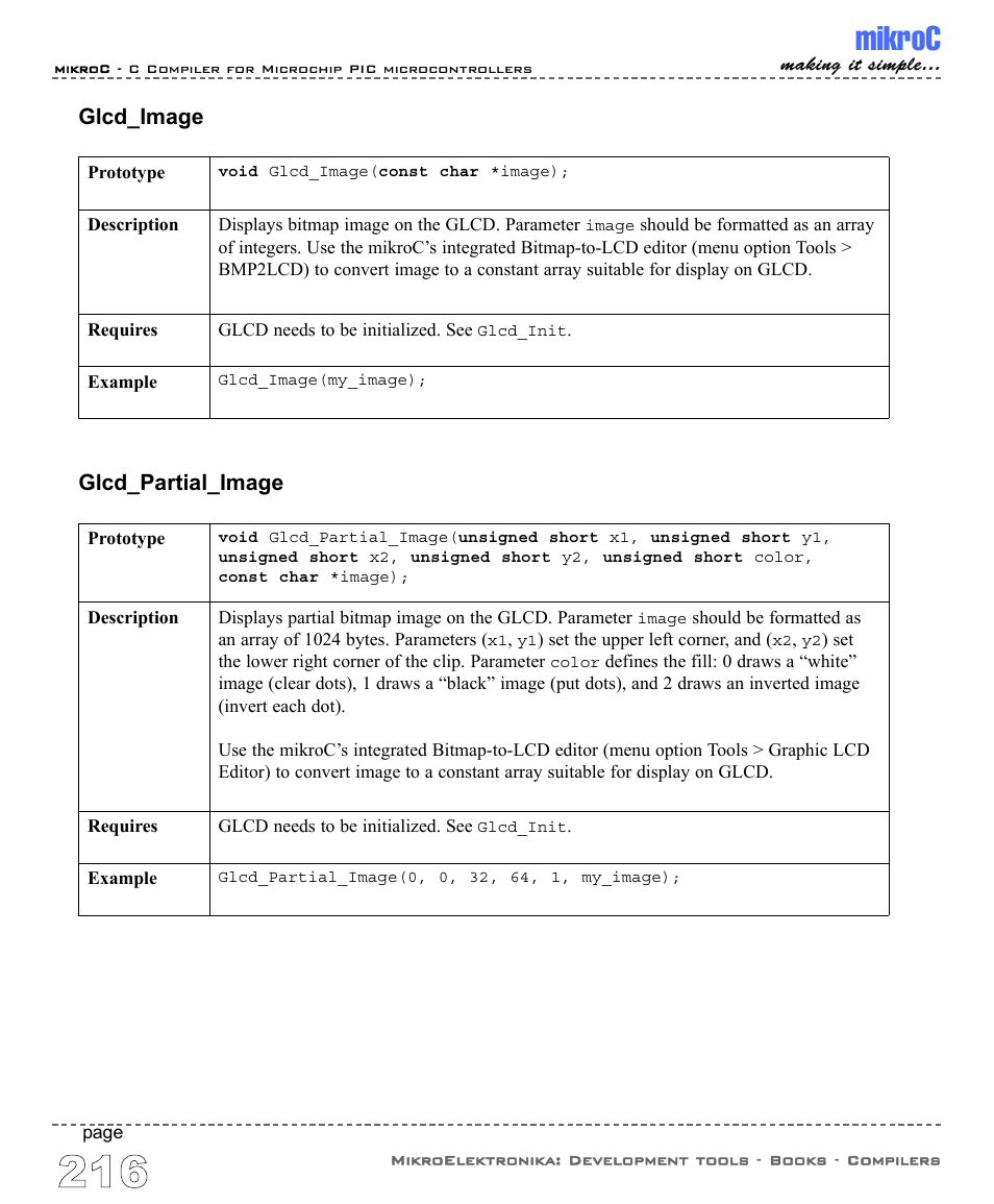 Mikroc, Glcd_partial_image, Glcd_image | ABL electronic PIC Microcontrollers PIC16 User Manual | Page 224 / 312