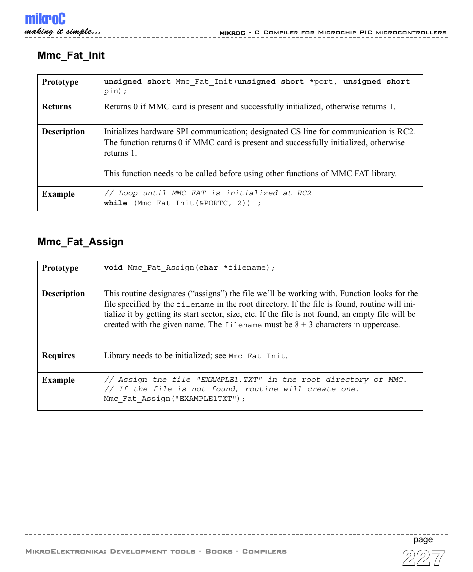 Mikroc, Mmc_fat_init, Mmc_fat_assign | ABL electronic PIC Microcontrollers PIC16 User Manual | Page 235 / 312