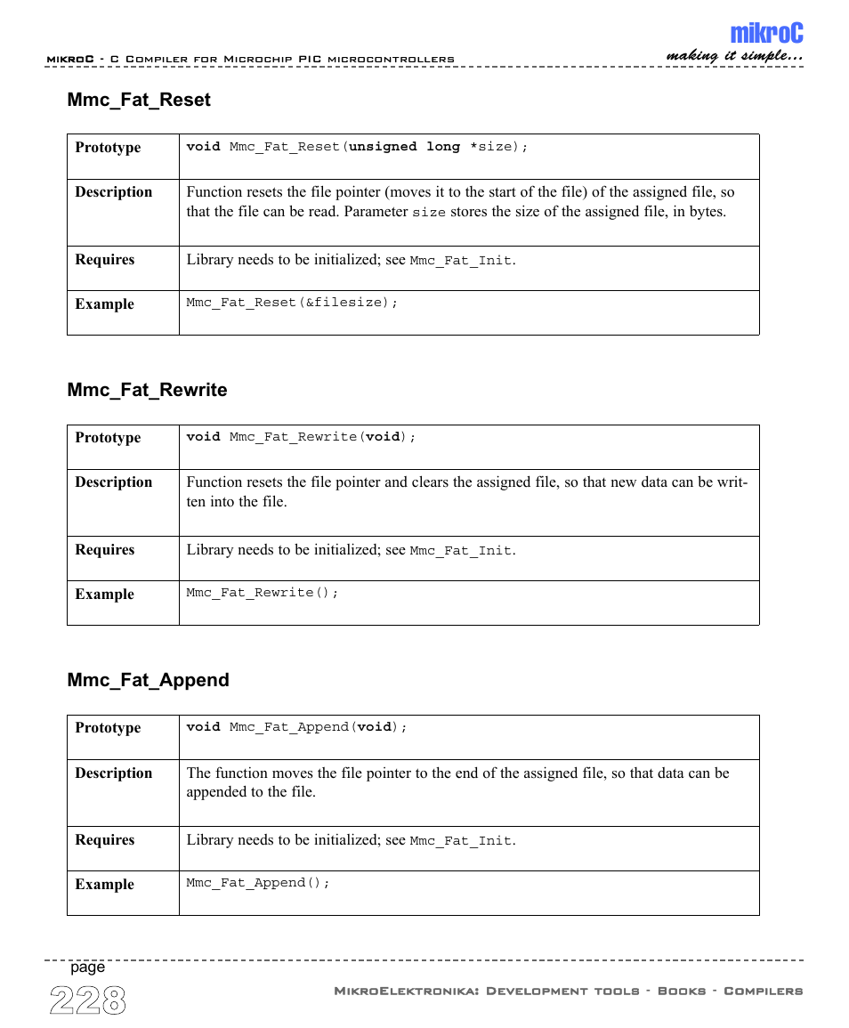 Mikroc, Mmc_fat_reset, Mmc_fat_rewrite | Mmc_fat_append | ABL electronic PIC Microcontrollers PIC16 User Manual | Page 236 / 312