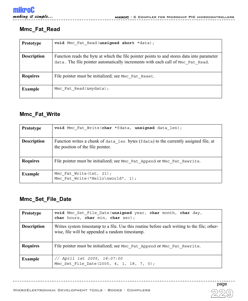 Mikroc, Mmc_fat_read, Mmc_fat_write | Mmc_set_file_date | ABL electronic PIC Microcontrollers PIC16 User Manual | Page 237 / 312