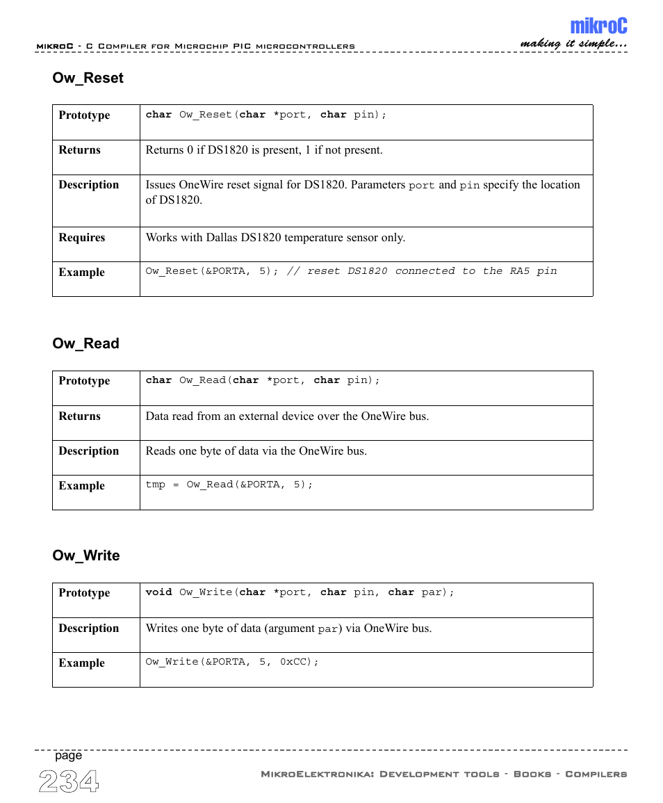 Mikroc, Ow_reset, Ow_read | Ow_write | ABL electronic PIC Microcontrollers PIC16 User Manual | Page 242 / 312