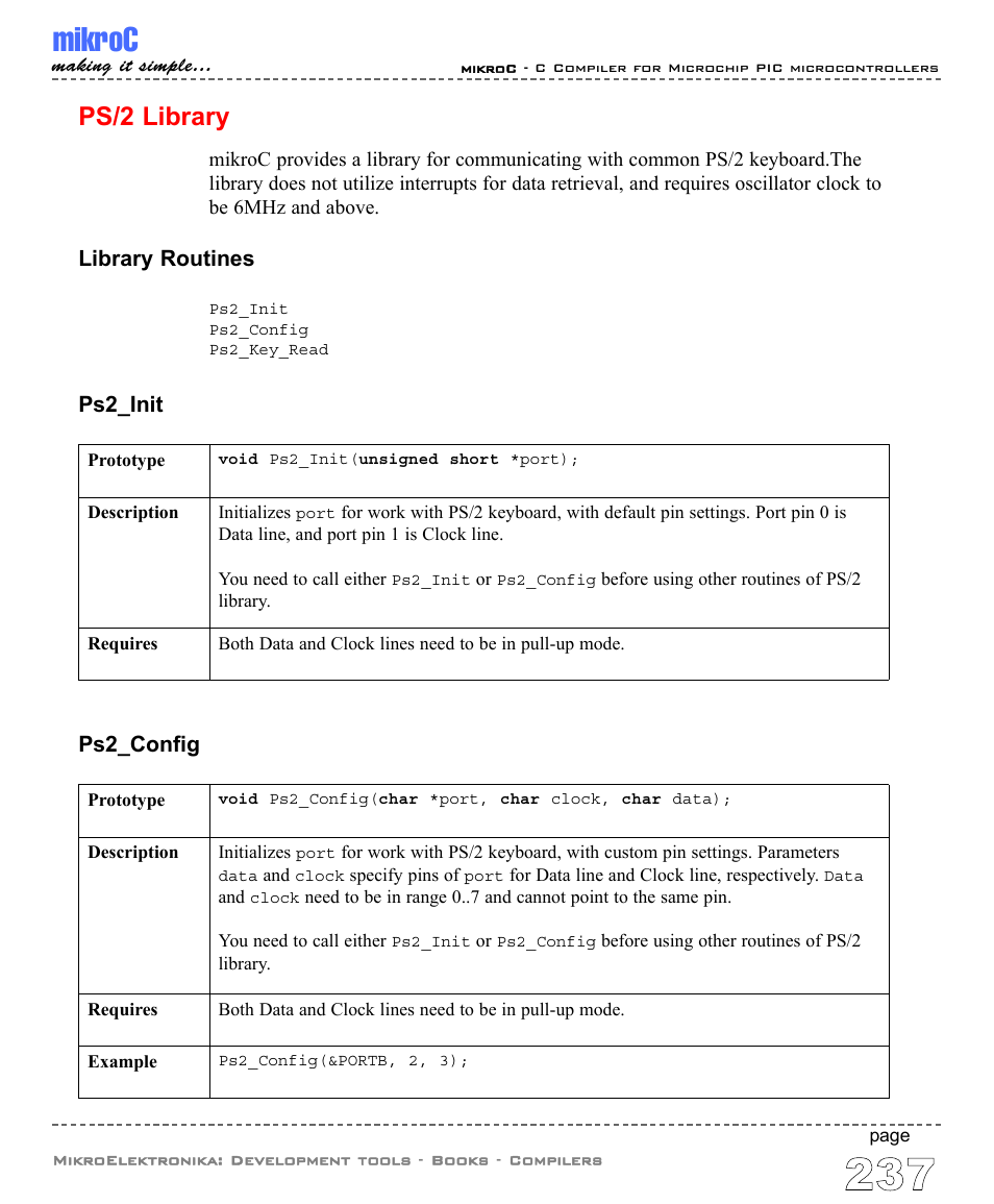 Ps/2 library, Mikroc, Library routines | Ps2_init, Ps2_config | ABL electronic PIC Microcontrollers PIC16 User Manual | Page 245 / 312