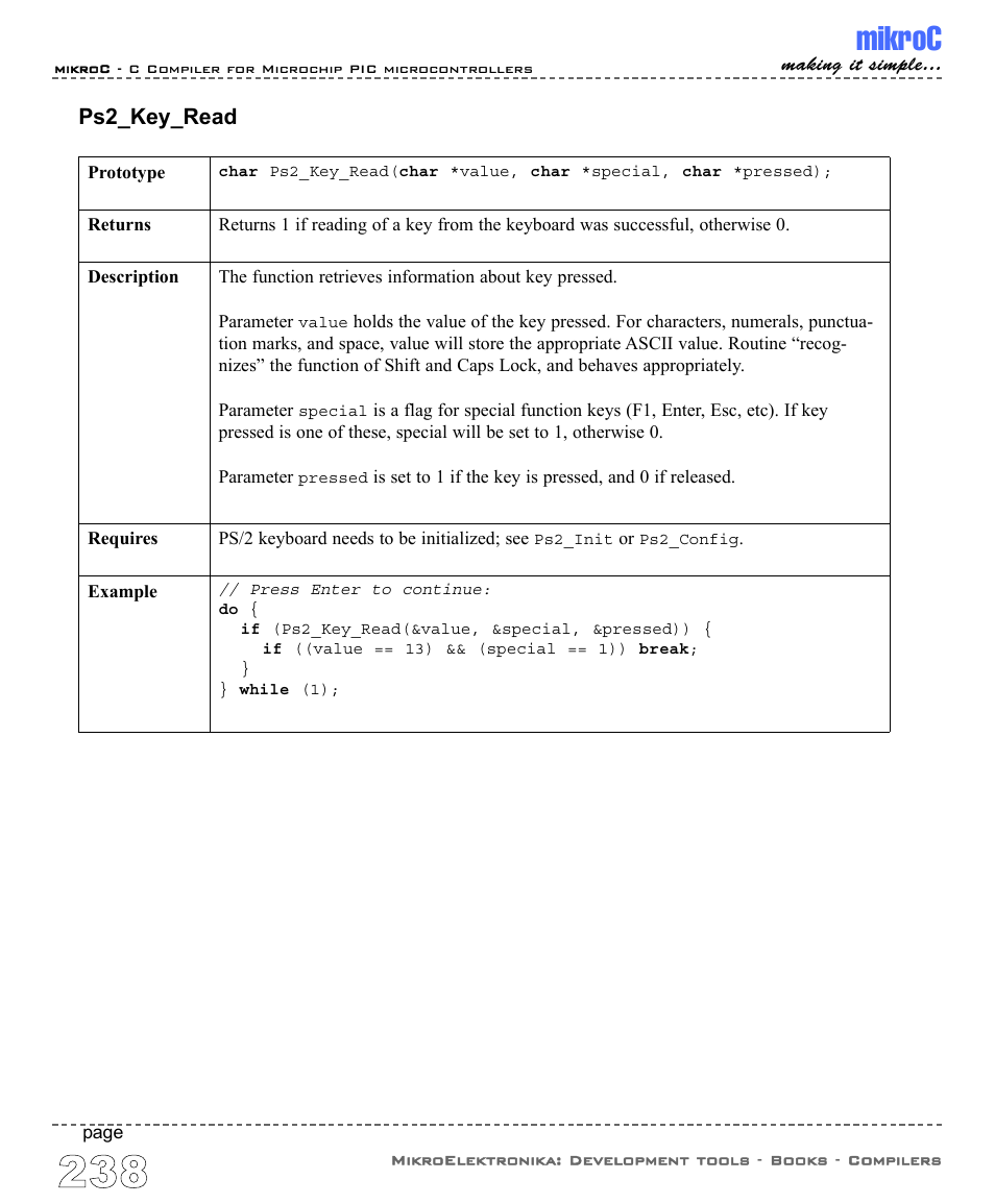 Mikroc, Ps2_key_read | ABL electronic PIC Microcontrollers PIC16 User Manual | Page 246 / 312