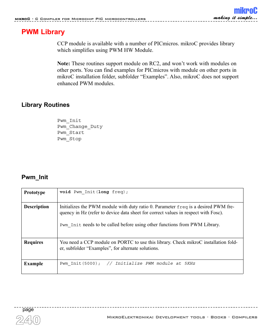 Pwm library, Mikroc | ABL electronic PIC Microcontrollers PIC16 User Manual | Page 248 / 312