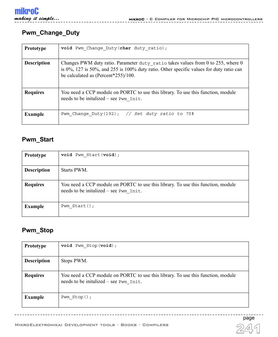 Mikroc, Pwm_change_duty, Pwm_start | Pwm_stop | ABL electronic PIC Microcontrollers PIC16 User Manual | Page 249 / 312