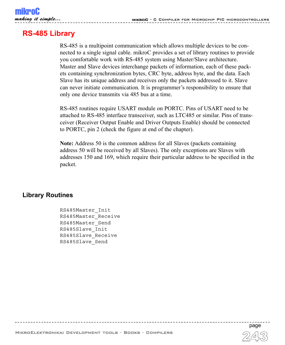 Rs-485 library, Mikroc | ABL electronic PIC Microcontrollers PIC16 User Manual | Page 251 / 312