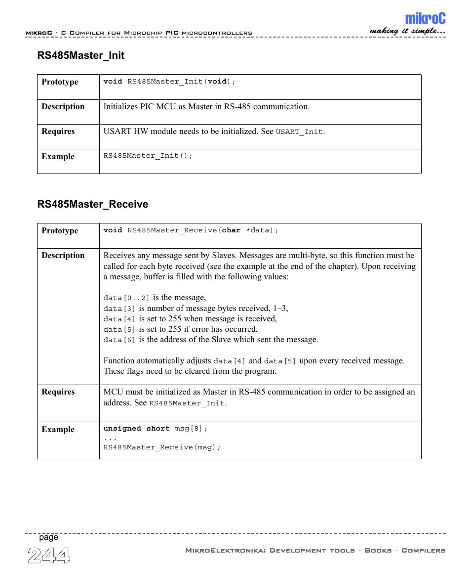 Mikroc, Rs485master_init, Rs485master_receive | ABL electronic PIC Microcontrollers PIC16 User Manual | Page 252 / 312