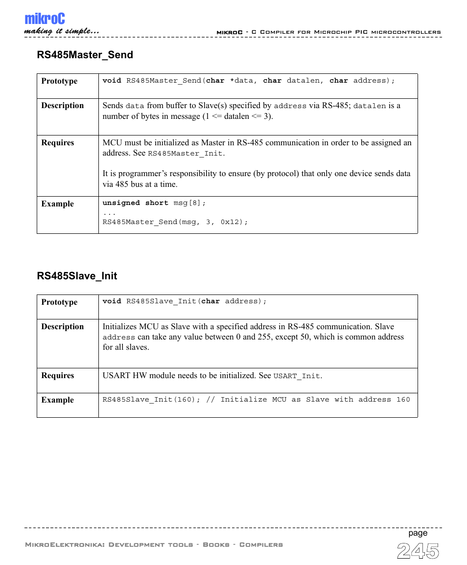 Mikroc, Rs485master_send, Rs485slave_init | ABL electronic PIC Microcontrollers PIC16 User Manual | Page 253 / 312