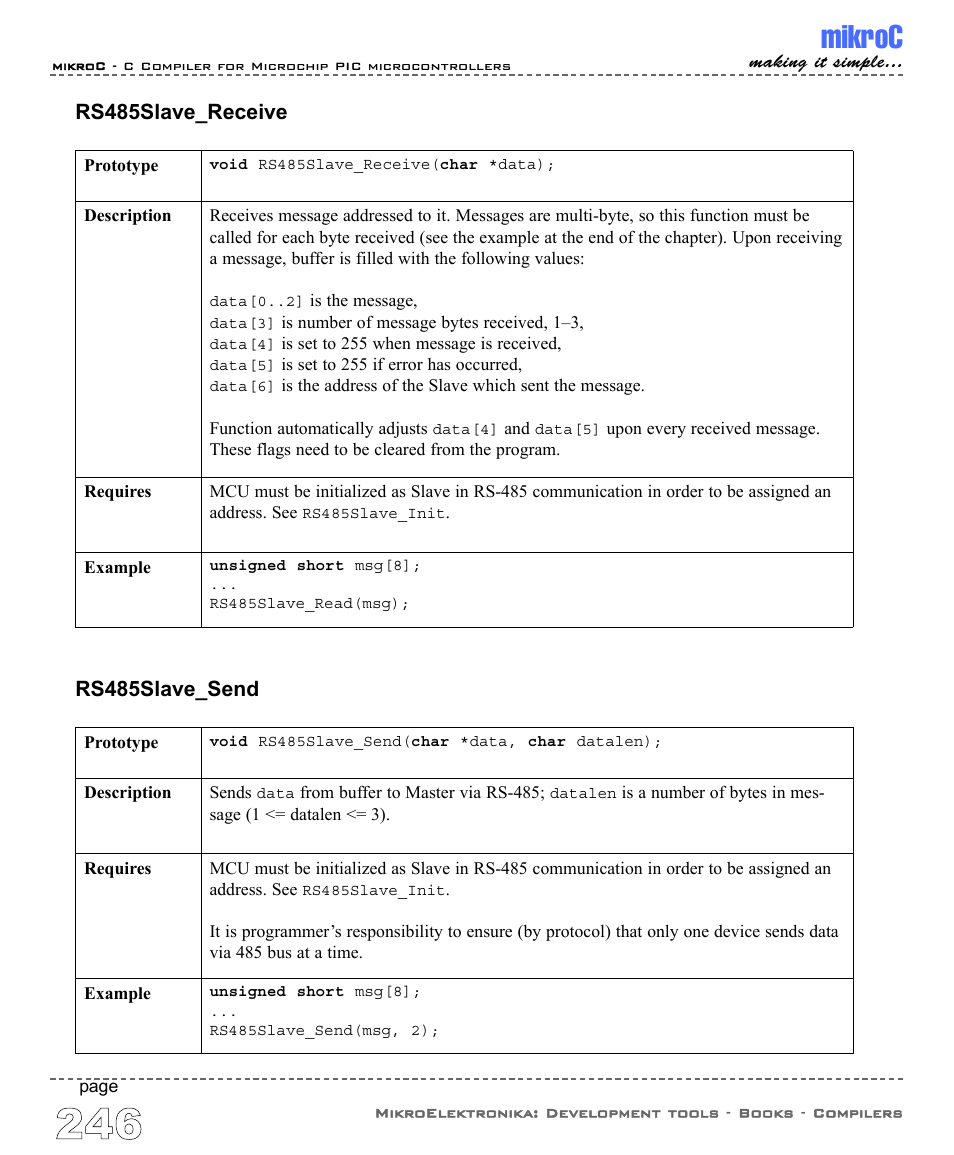 Mikroc, Rs485slave_receive, Rs485slave_send | ABL electronic PIC Microcontrollers PIC16 User Manual | Page 254 / 312