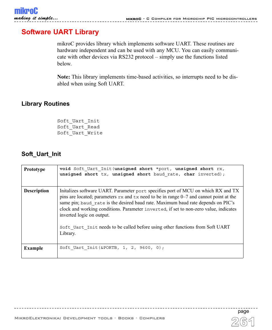 Software uart library, Mikroc | ABL electronic PIC Microcontrollers PIC16 User Manual | Page 269 / 312