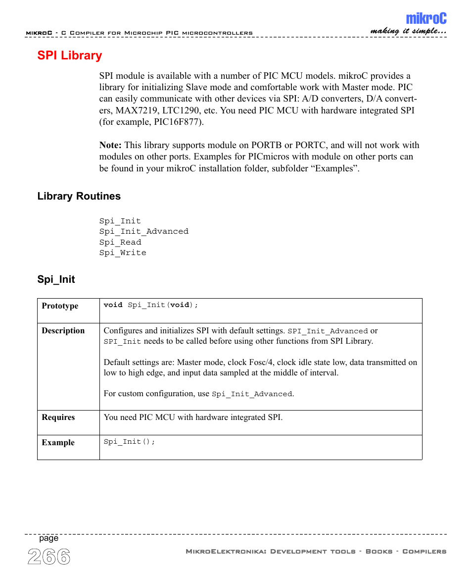 Spi library, Mikroc | ABL electronic PIC Microcontrollers PIC16 User Manual | Page 274 / 312