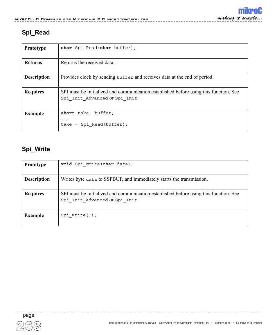 Mikroc, Spi_read, Spi_write | ABL electronic PIC Microcontrollers PIC16 User Manual | Page 276 / 312