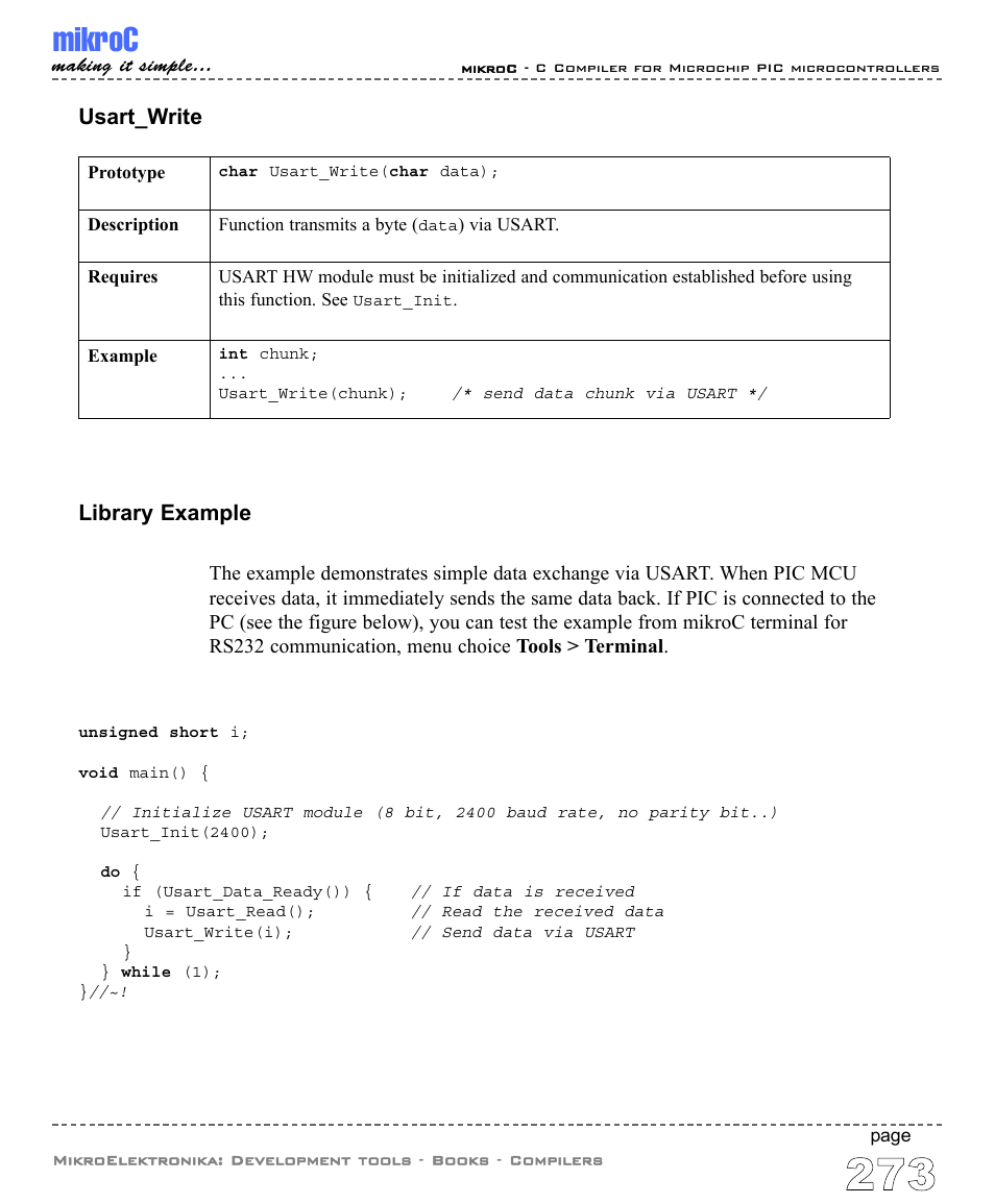 Mikroc, Usart_write library example | ABL electronic PIC Microcontrollers PIC16 User Manual | Page 281 / 312
