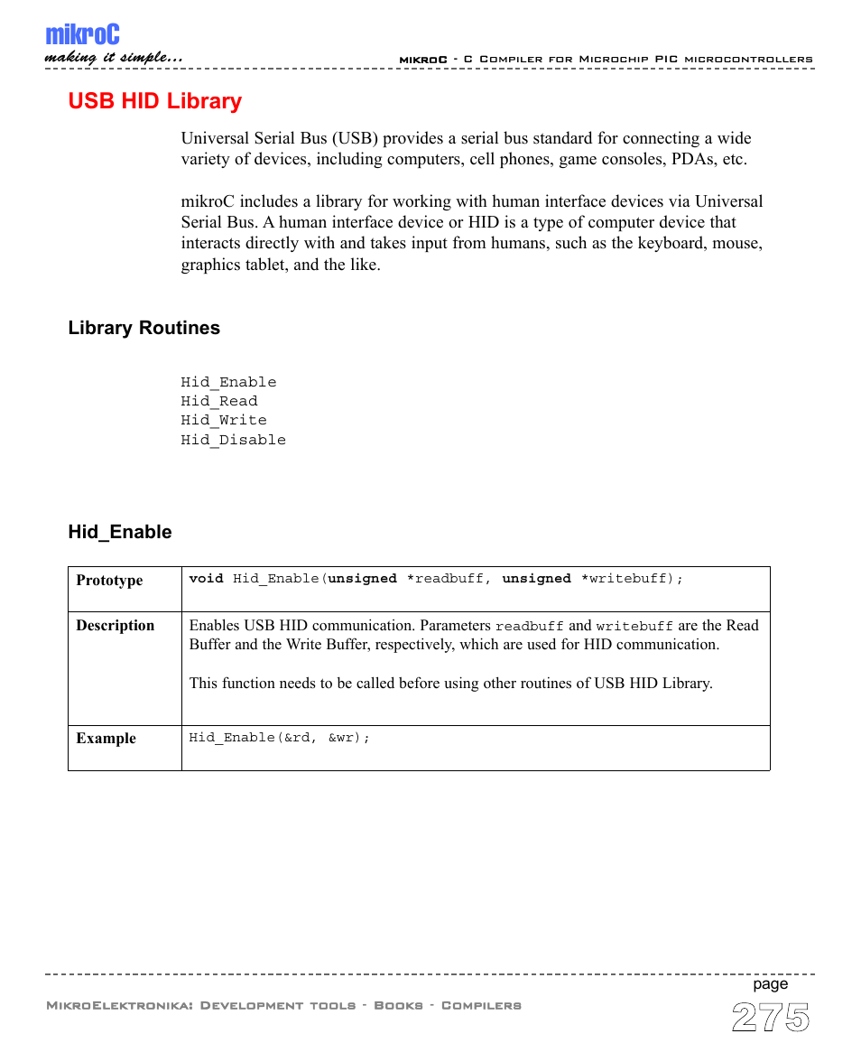 Usb hid library, Mikroc | ABL electronic PIC Microcontrollers PIC16 User Manual | Page 283 / 312