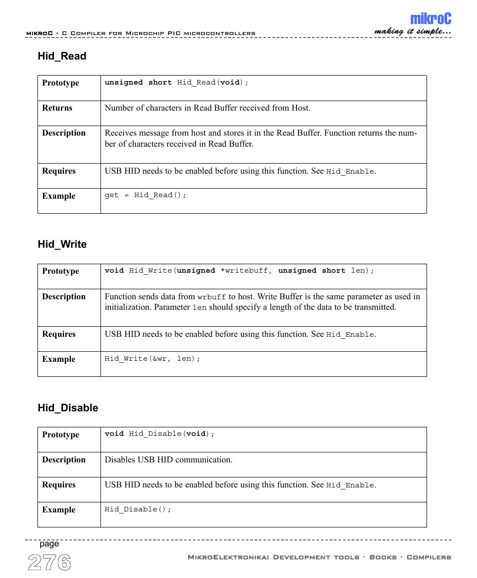 Mikroc, Hid_read, Hid_write | Hid_disable | ABL electronic PIC Microcontrollers PIC16 User Manual | Page 284 / 312