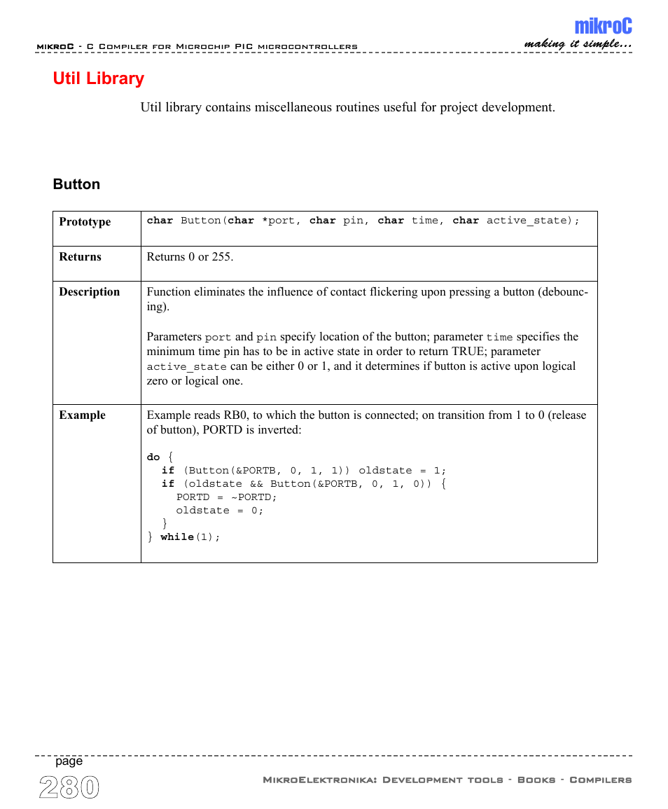 Util library, Mikroc, Button | ABL electronic PIC Microcontrollers PIC16 User Manual | Page 288 / 312