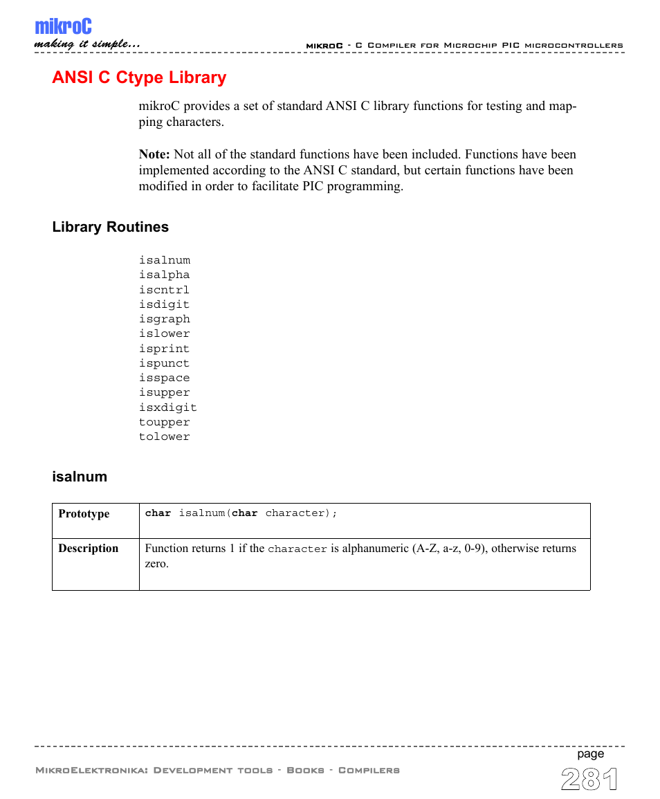 Ansi c ctype library, Mikroc | ABL electronic PIC Microcontrollers PIC16 User Manual | Page 289 / 312