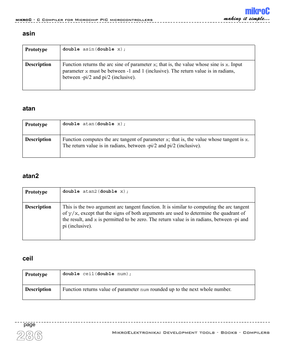 Mikroc, Asin, Atan | Atan2, Ceil | ABL electronic PIC Microcontrollers PIC16 User Manual | Page 294 / 312