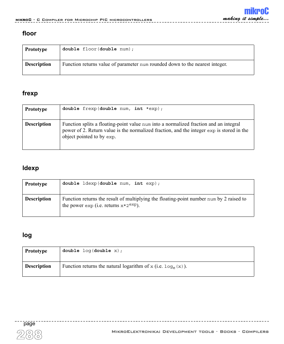 Mikroc, Floor, Frexp | Ldexp | ABL electronic PIC Microcontrollers PIC16 User Manual | Page 296 / 312