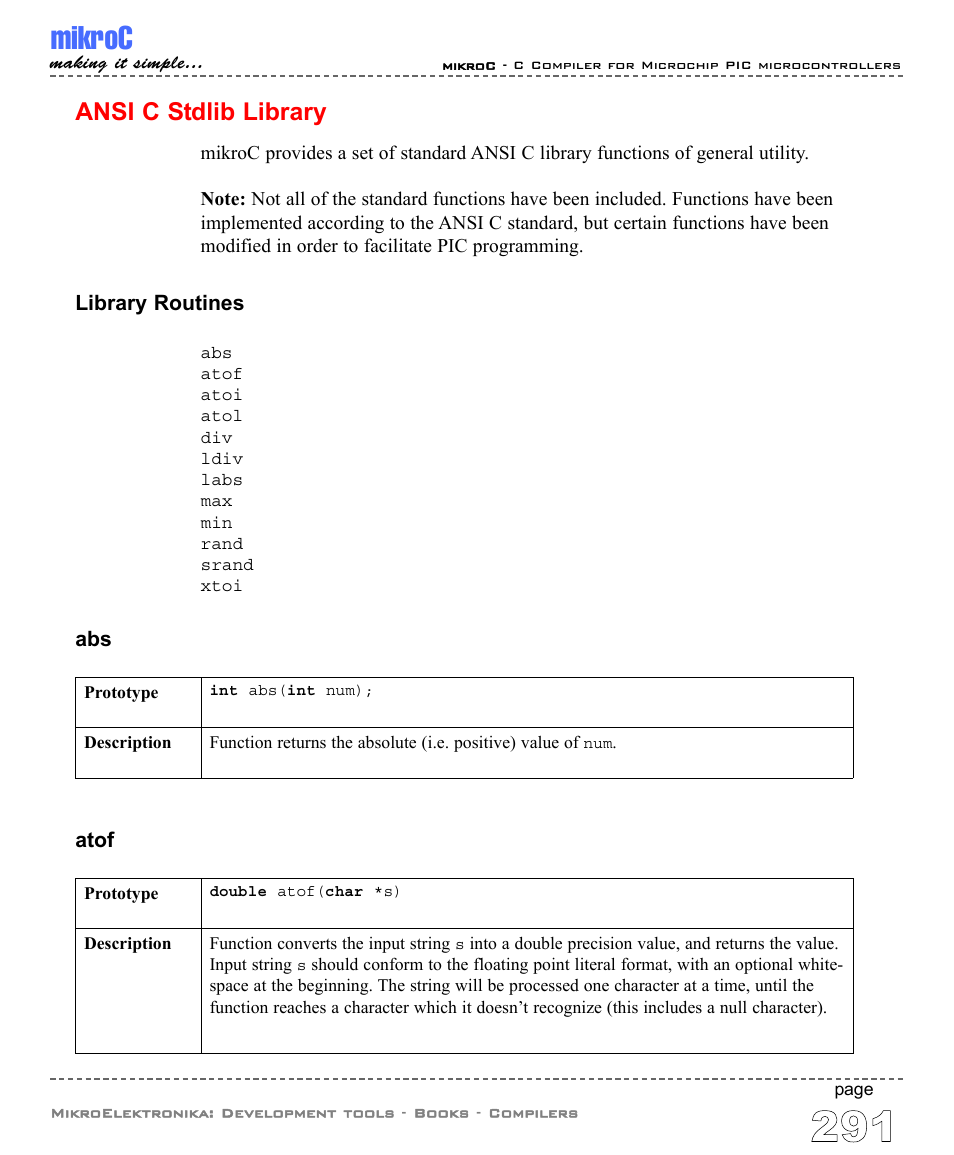 Ansi c stdlib library, Mikroc | ABL electronic PIC Microcontrollers PIC16 User Manual | Page 299 / 312