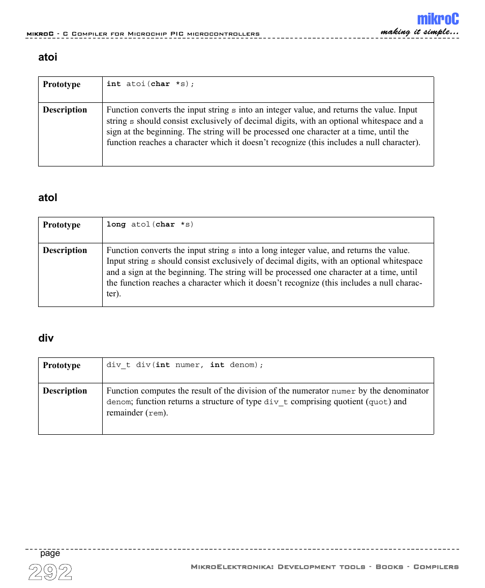 Mikroc, Atoi, Atol | ABL electronic PIC Microcontrollers PIC16 User Manual | Page 300 / 312