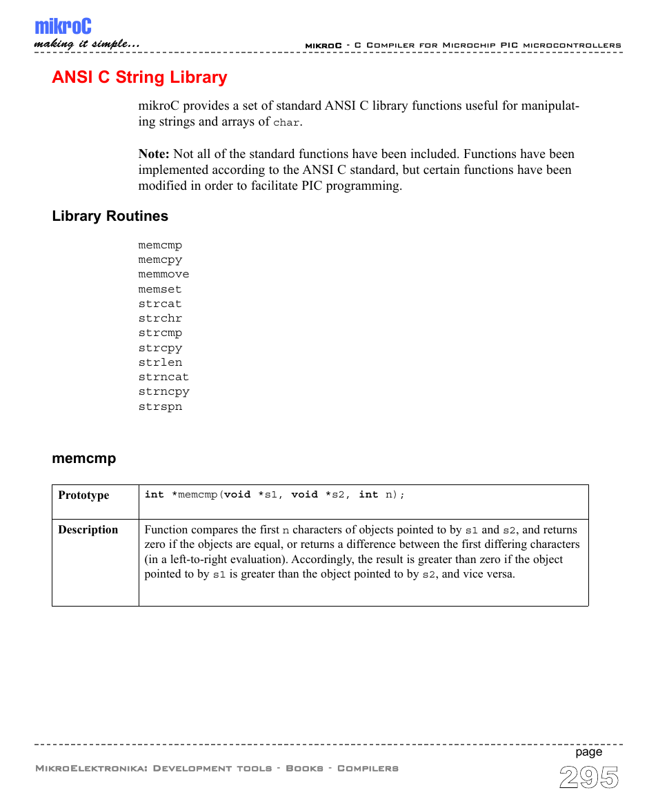 Ansi c string library, Mikroc | ABL electronic PIC Microcontrollers PIC16 User Manual | Page 303 / 312