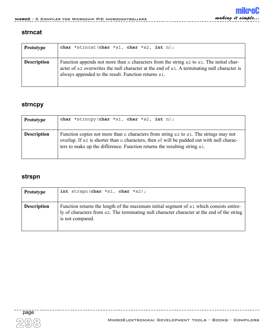 Mikroc, Strncat, Strncpy | Strspn | ABL electronic PIC Microcontrollers PIC16 User Manual | Page 306 / 312