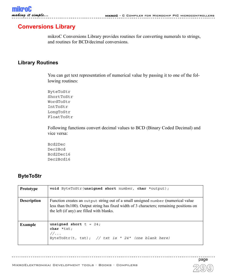 Conversions library, Mikroc | ABL electronic PIC Microcontrollers PIC16 User Manual | Page 307 / 312