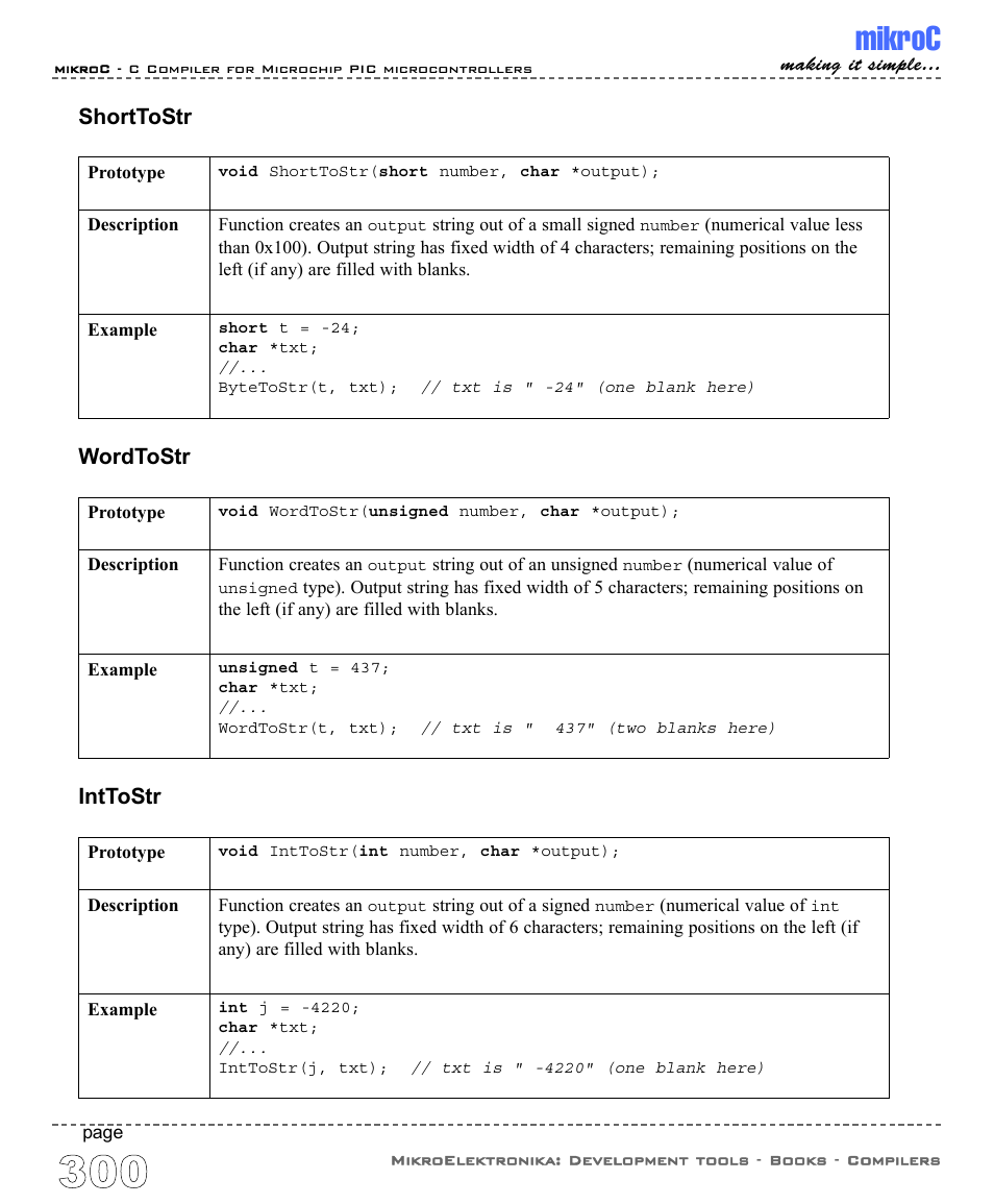 Mikroc, Shorttostr, Wordtostr | Inttostr | ABL electronic PIC Microcontrollers PIC16 User Manual | Page 308 / 312