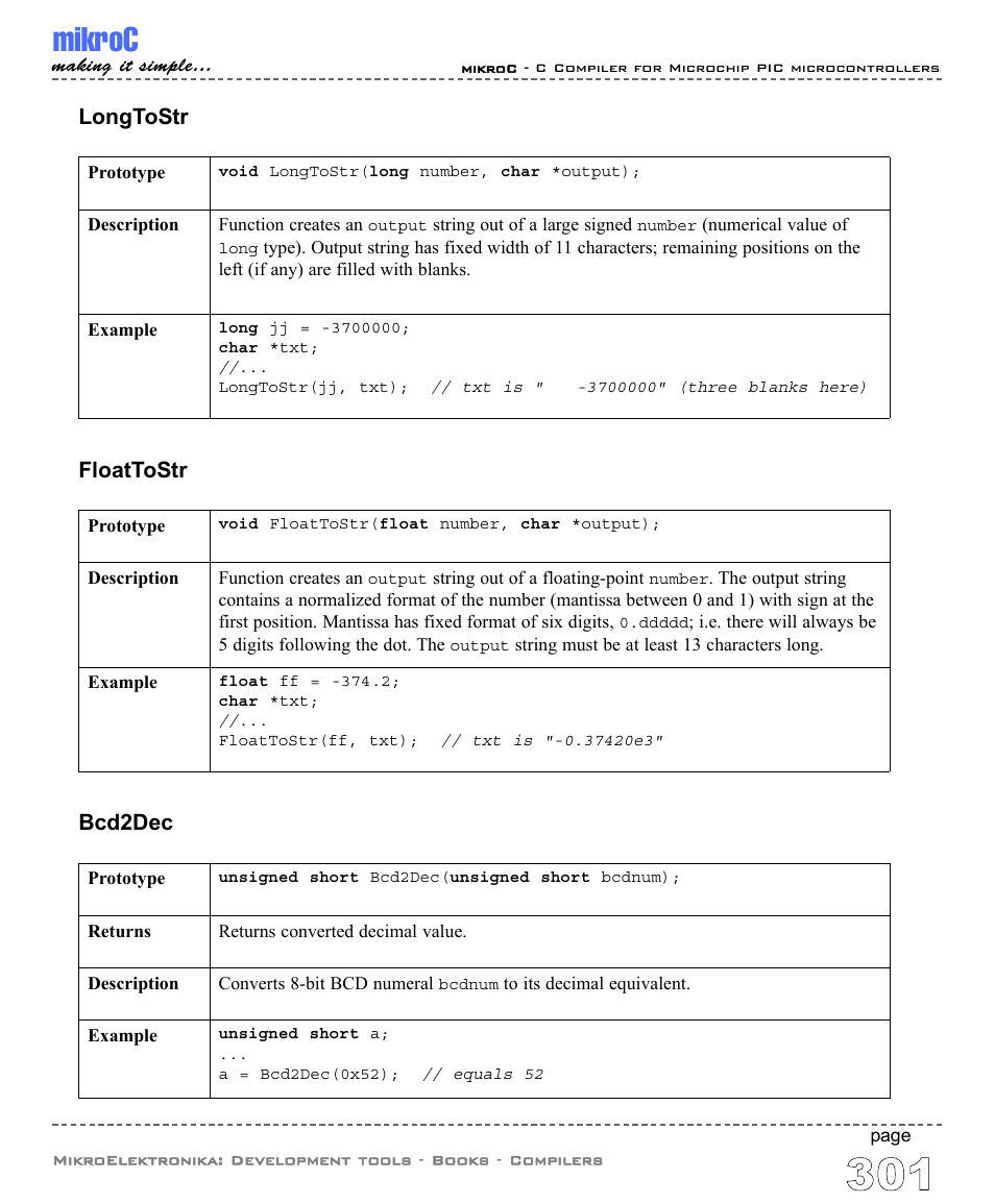 Mikroc, Bcd2dec, Longtostr | Floattostr | ABL electronic PIC Microcontrollers PIC16 User Manual | Page 309 / 312