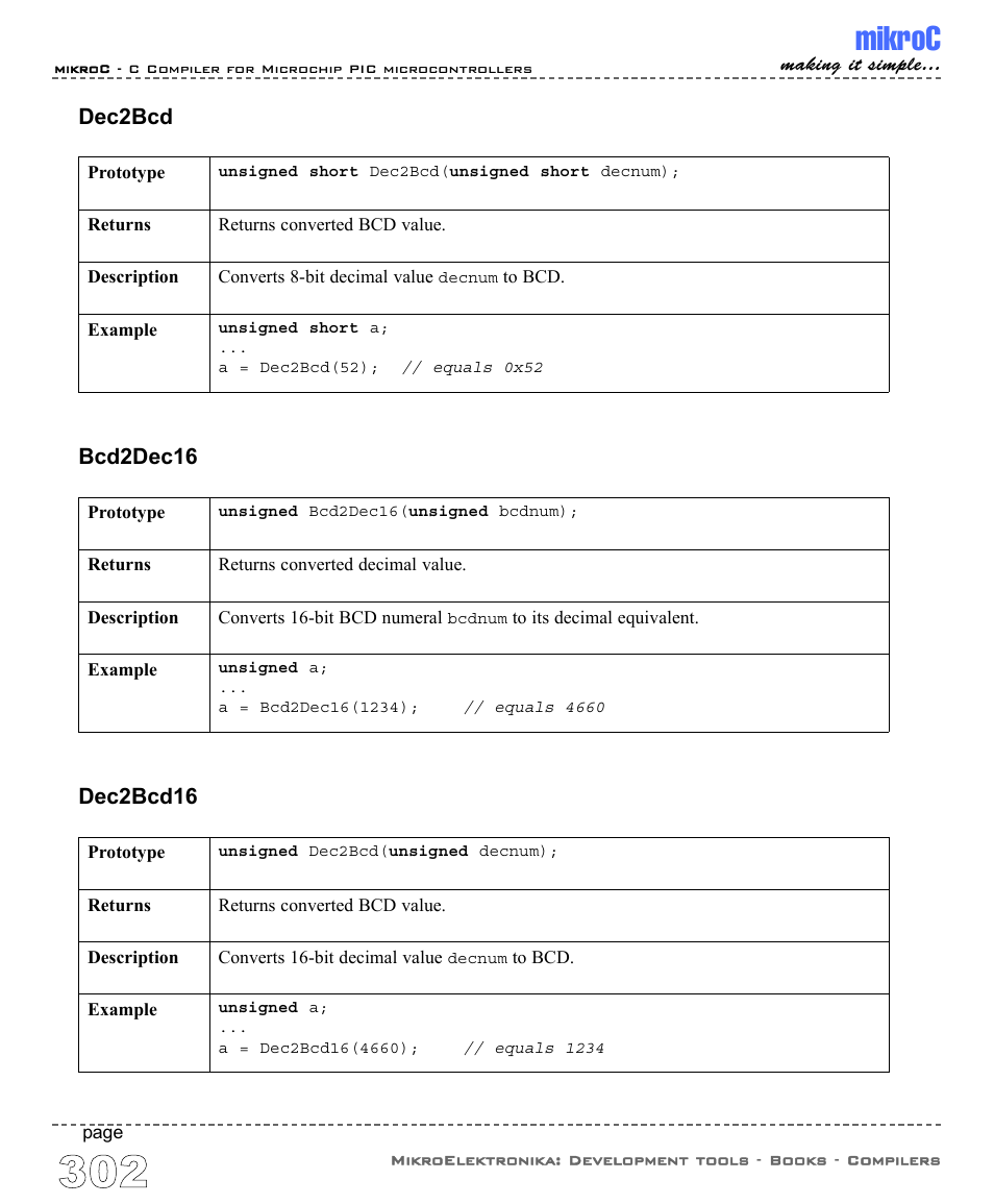 Mikroc, Dec2bcd16, Bcd2dec16 | Dec2bcd | ABL electronic PIC Microcontrollers PIC16 User Manual | Page 310 / 312