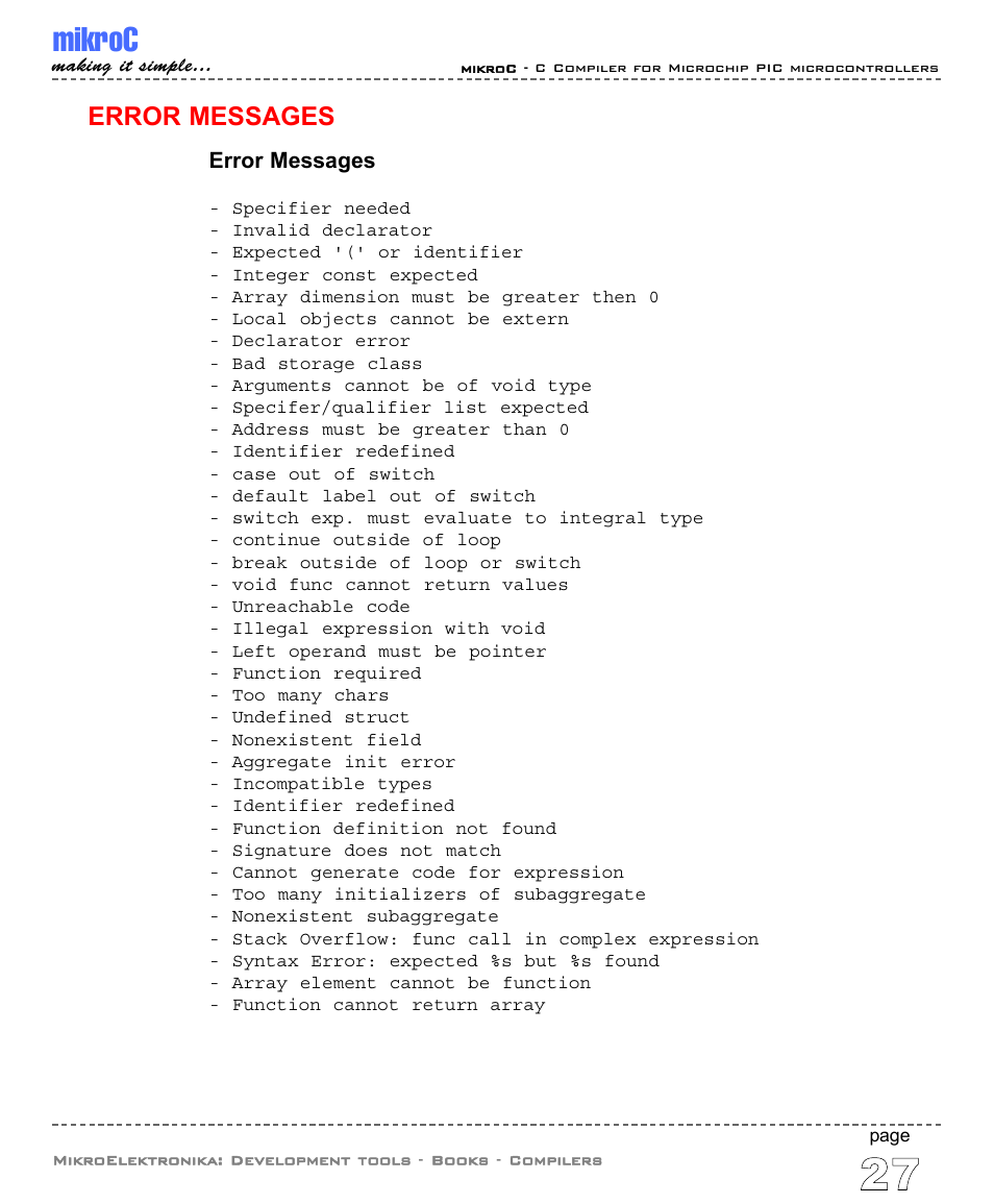 Error messages, Mikroc | ABL electronic PIC Microcontrollers PIC16 User Manual | Page 35 / 312