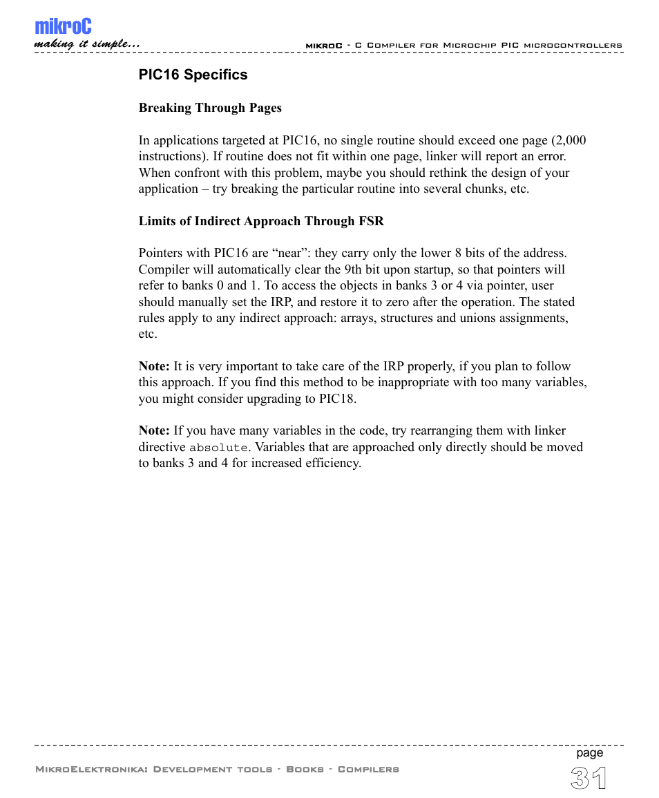 Pic16 specifics, Mikroc | ABL electronic PIC Microcontrollers PIC16 User Manual | Page 39 / 312