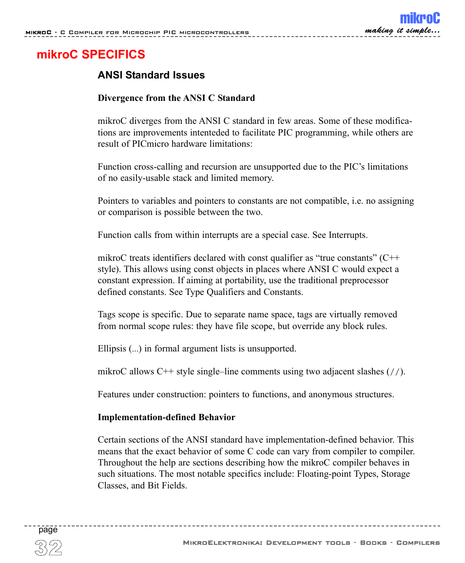 Mikroc specifics, Ansi standard issues, Mikroc | ABL electronic PIC Microcontrollers PIC16 User Manual | Page 40 / 312