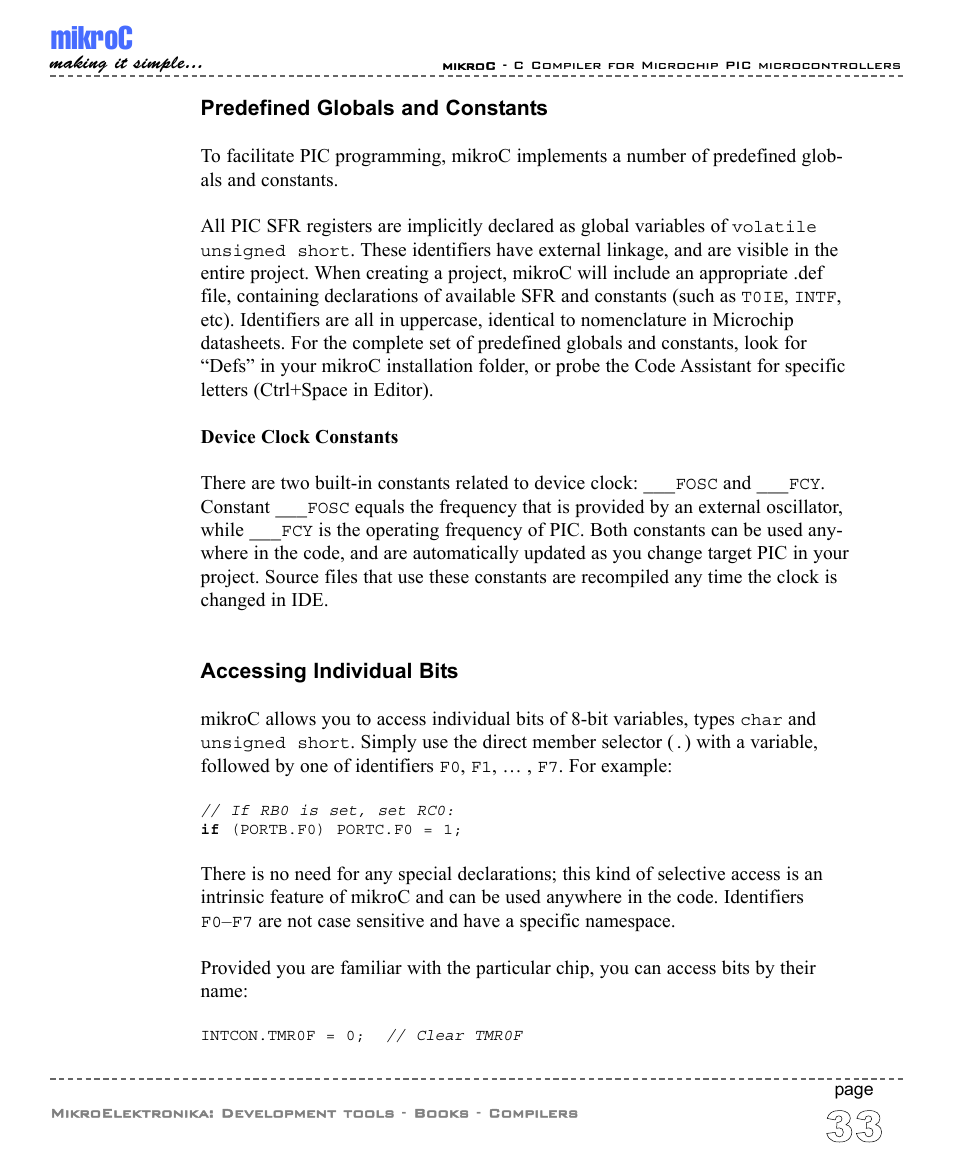 Predefined globals and constants, Accessing individual bits, Mikroc | ABL electronic PIC Microcontrollers PIC16 User Manual | Page 41 / 312