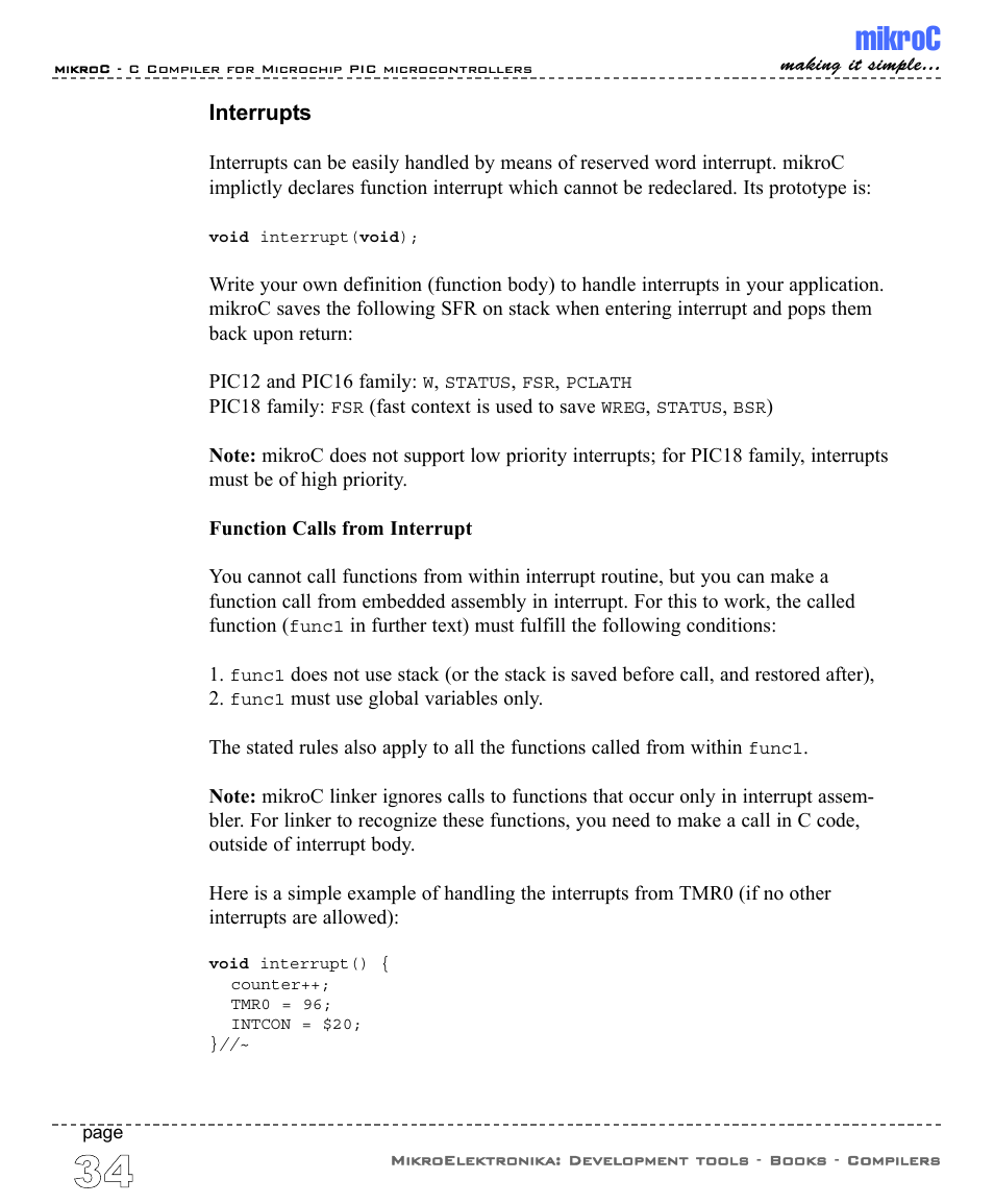 Interrupts, Mikroc | ABL electronic PIC Microcontrollers PIC16 User Manual | Page 42 / 312