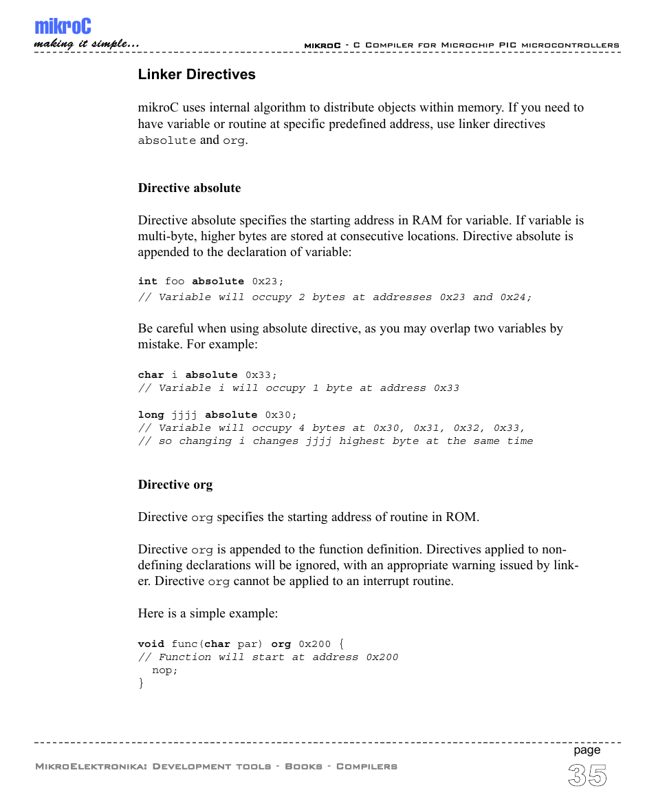 Linker directives, Mikroc | ABL electronic PIC Microcontrollers PIC16 User Manual | Page 43 / 312