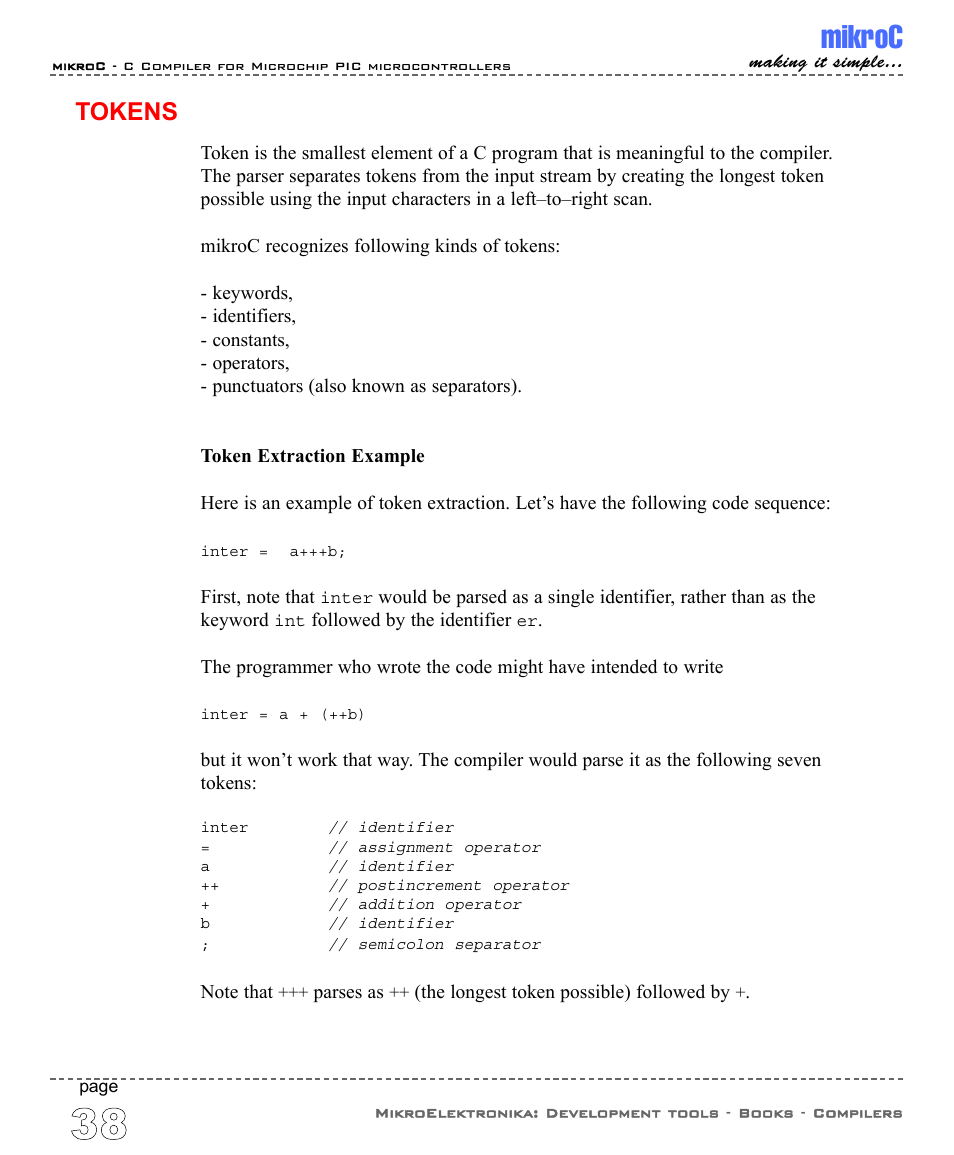 Tokens, Mikroc | ABL electronic PIC Microcontrollers PIC16 User Manual | Page 46 / 312