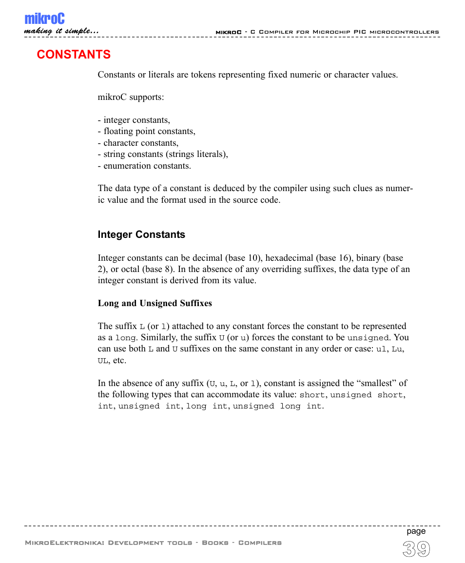Constants, Integer constants, Mikroc | ABL electronic PIC Microcontrollers PIC16 User Manual | Page 47 / 312