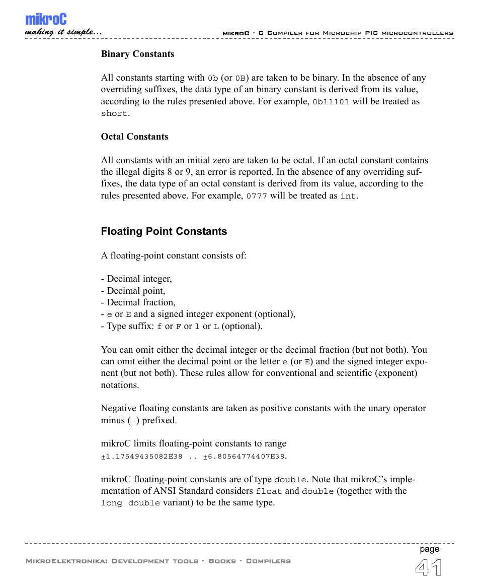 Floating point constants, Mikroc | ABL electronic PIC Microcontrollers PIC16 User Manual | Page 49 / 312