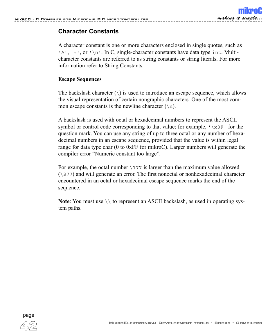 Character constants, Mikroc | ABL electronic PIC Microcontrollers PIC16 User Manual | Page 50 / 312