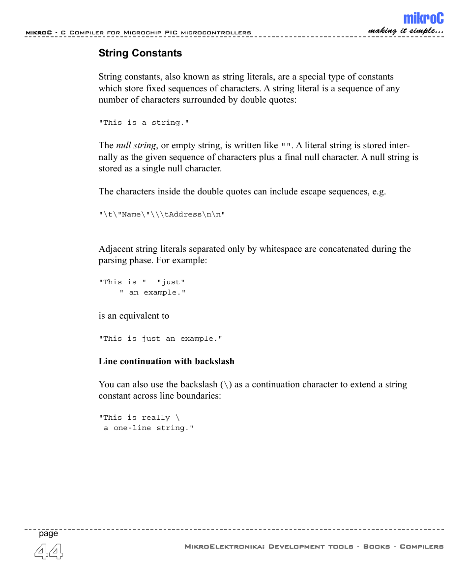 String constants, Mikroc | ABL electronic PIC Microcontrollers PIC16 User Manual | Page 52 / 312