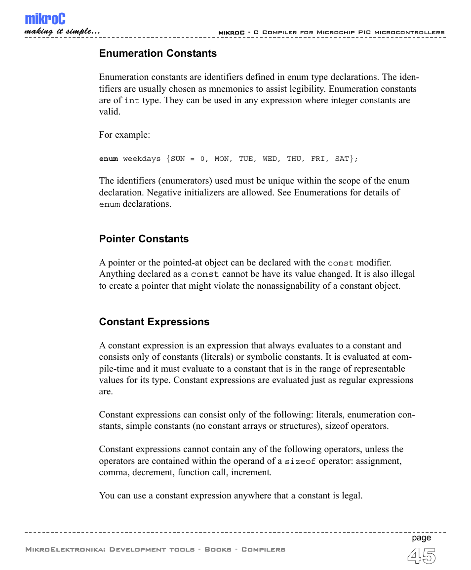 Enumeration constants, Pointer constants, Constant expressions | Mikroc | ABL electronic PIC Microcontrollers PIC16 User Manual | Page 53 / 312