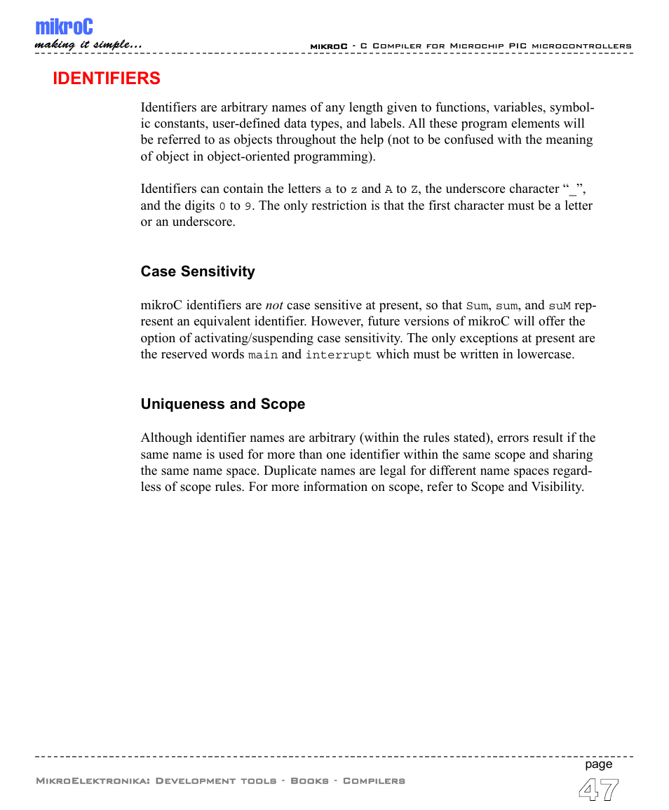 Identifiers, Mikroc | ABL electronic PIC Microcontrollers PIC16 User Manual | Page 55 / 312