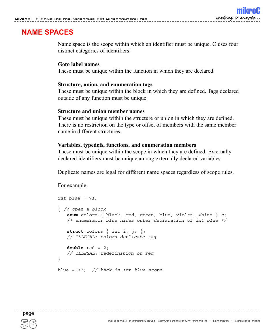 Name spaces, Mikroc | ABL electronic PIC Microcontrollers PIC16 User Manual | Page 64 / 312