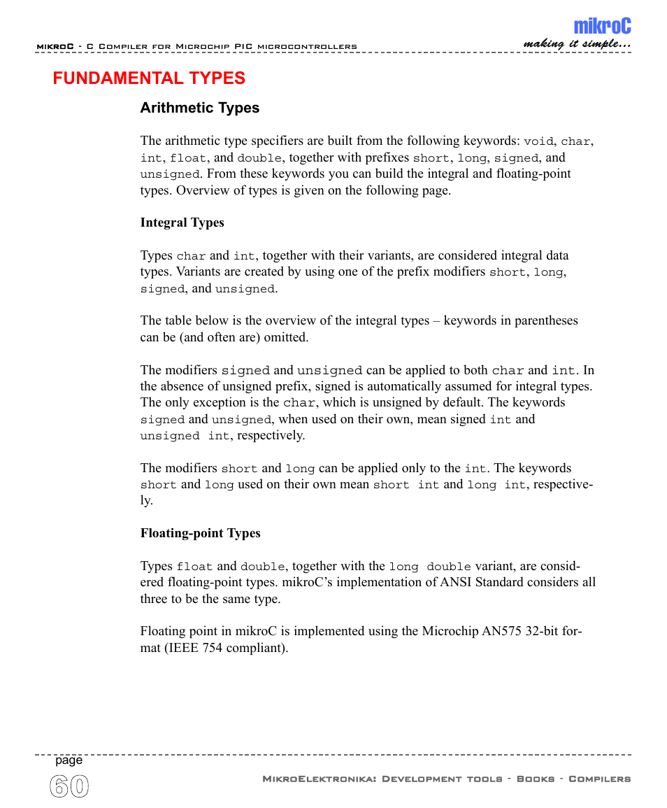 Fundamental types, Arithmetic types, Mikroc | ABL electronic PIC Microcontrollers PIC16 User Manual | Page 68 / 312