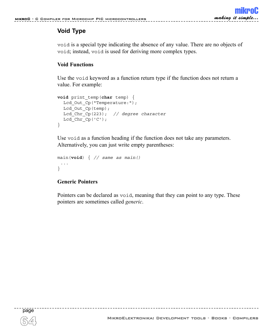 Void type, Mikroc | ABL electronic PIC Microcontrollers PIC16 User Manual | Page 72 / 312