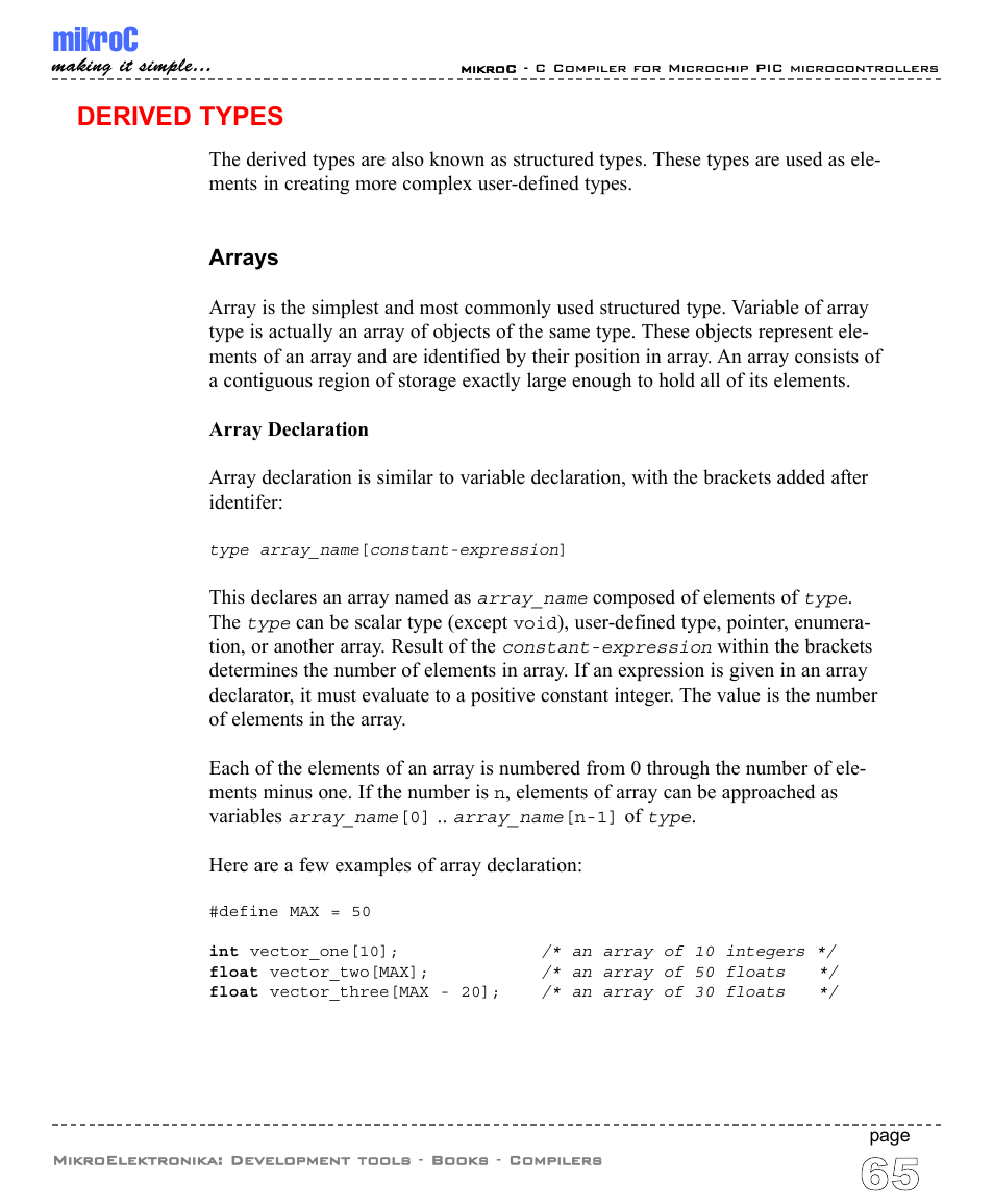 Derived types, Arrays, Mikroc | ABL electronic PIC Microcontrollers PIC16 User Manual | Page 73 / 312