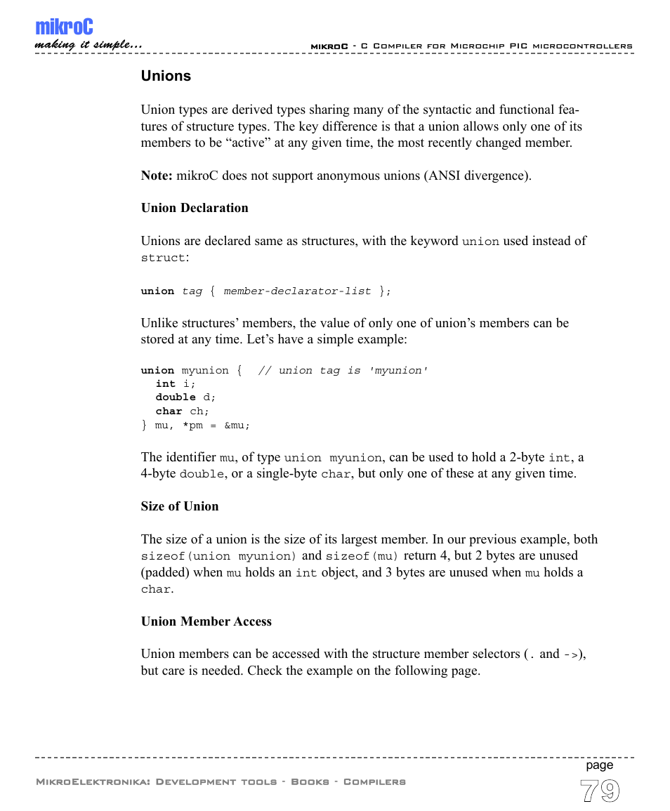 Unions, Mikroc | ABL electronic PIC Microcontrollers PIC16 User Manual | Page 87 / 312